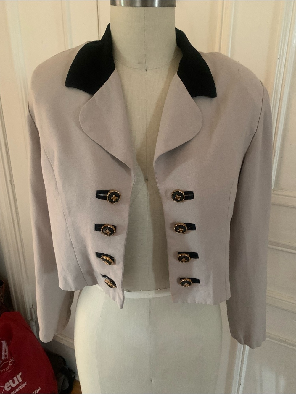 Scarlett Cream Cropped Blazer with Black Collar and Gold Buttons